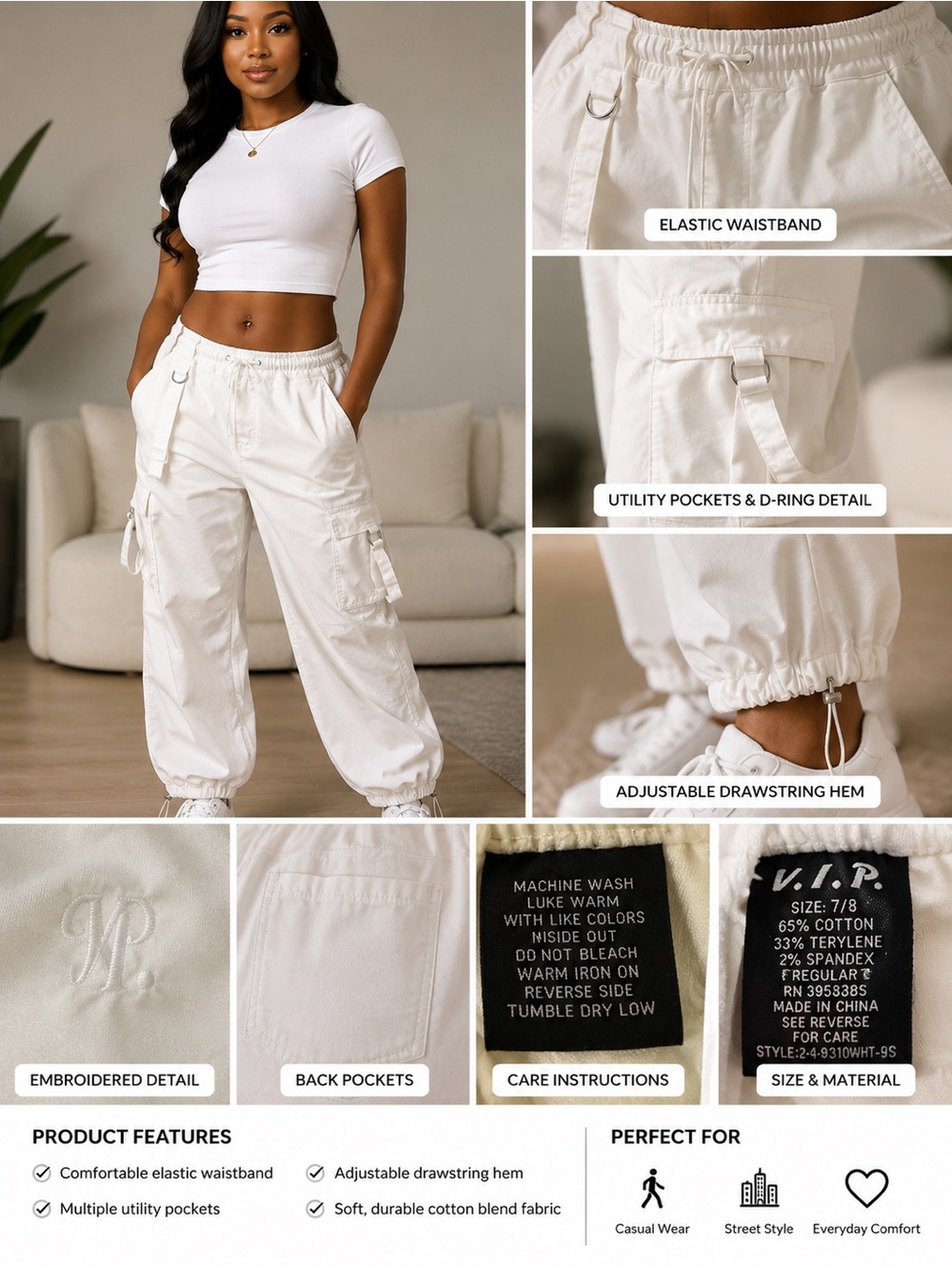 Women's White Utility Cargo Joggers
